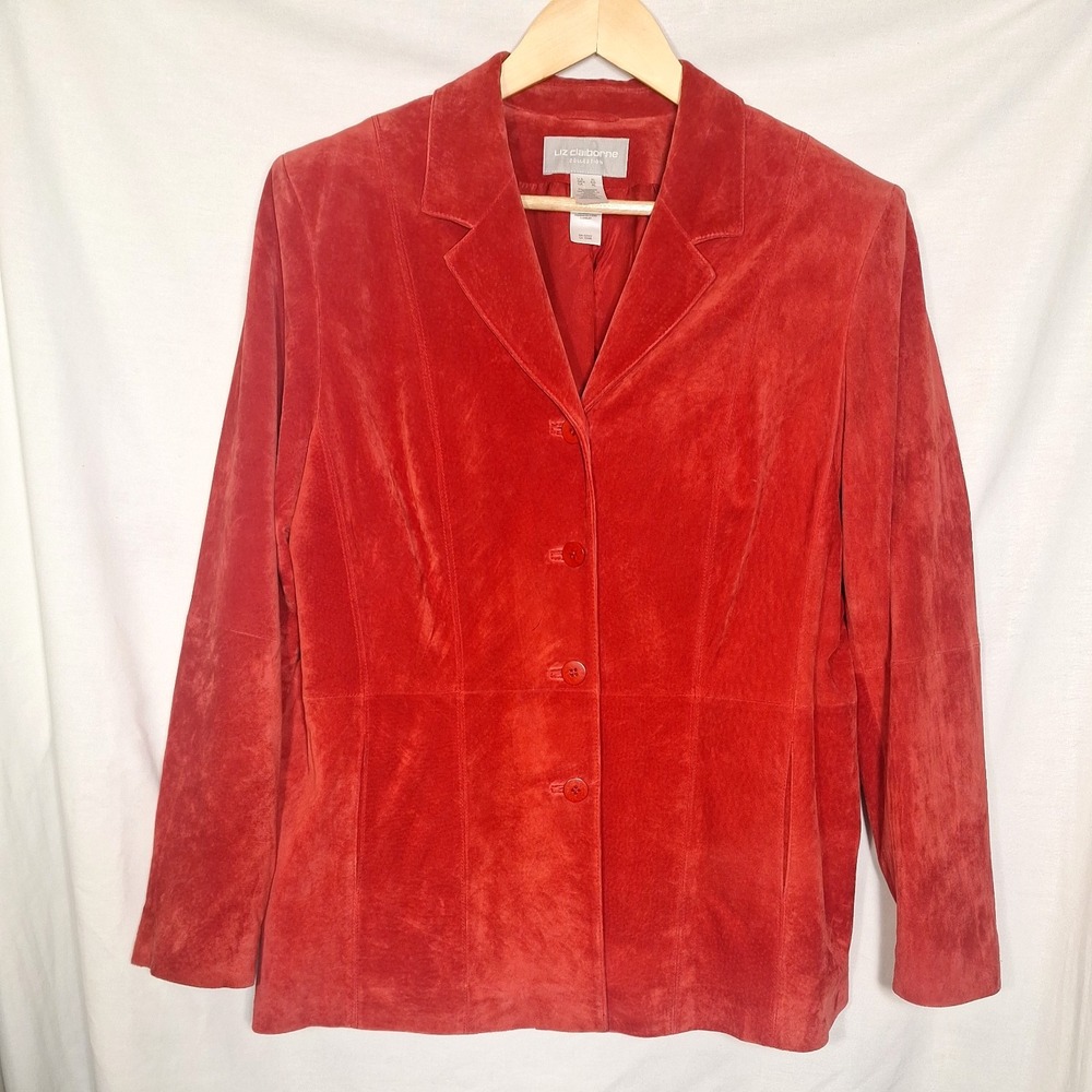 Liz Claiborne Women's XL Red 100% Suede Leather Button-Up Jacket Satin Lined